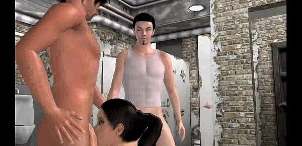  Tatsy 3D brunette has group sex in the bathroom